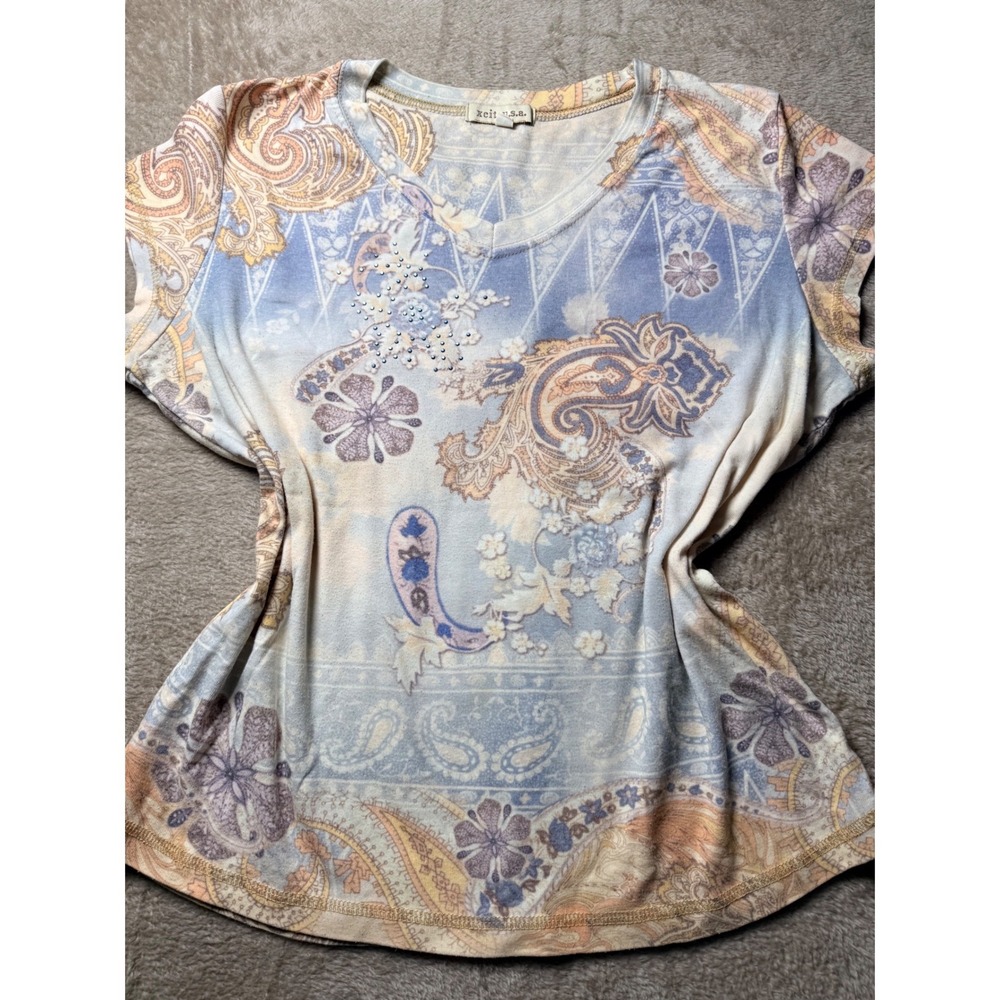 Xcit USA Womens Blue Paisley Floral Rhinestone Top Large Y2K Boho Earthy